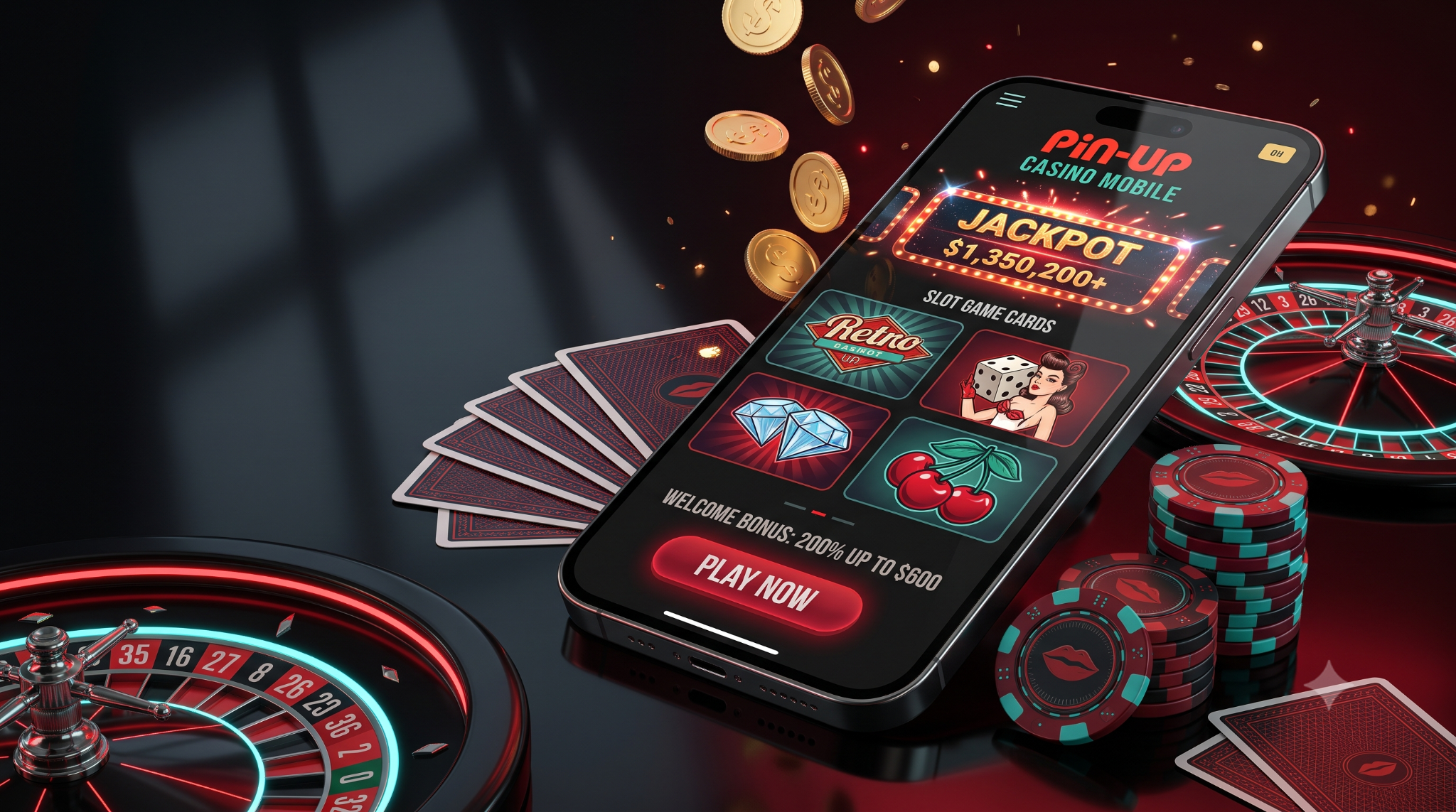 Pin Up Casino con mesa de ruleta, fichas y teléfono móvil