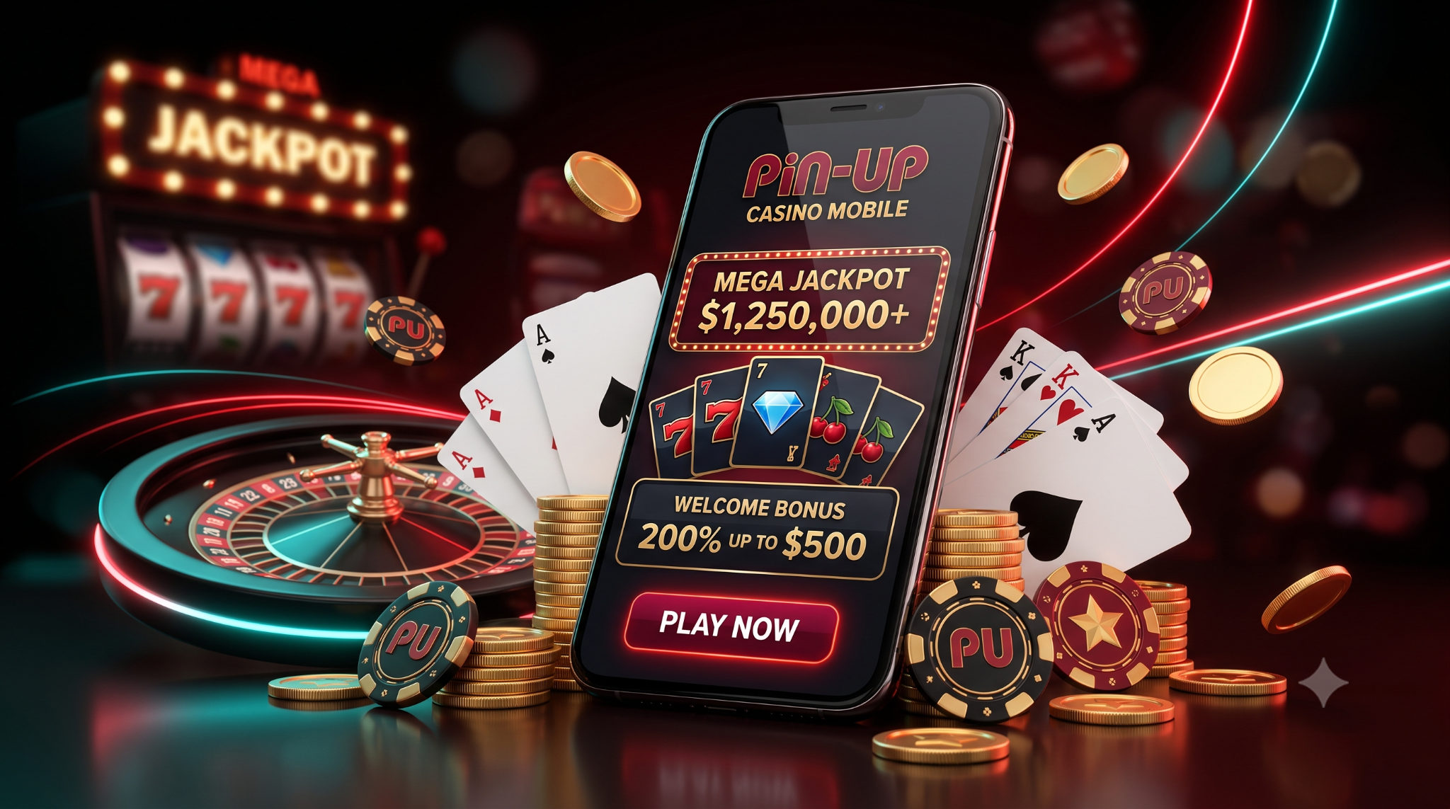 Pin Up Casino mobile con ruleta, cartas y fichas en un ambiente neon